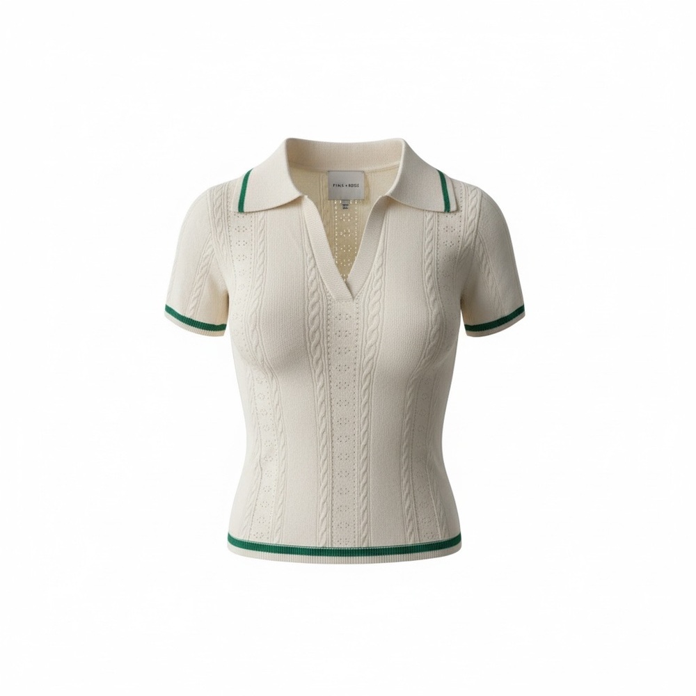 Pink Rose Cream Short Sleeve Knit Polo Tee with Green Trim